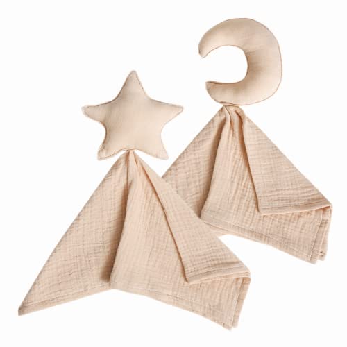 Image of insular Baby Lovey Blanket for Boys and Girls, Organic Cotton Muslin Security Blanket for Babies, Soft Breathable Lovie Soothing Towel for Newborn and Infant, Star&Moon (Khaki)