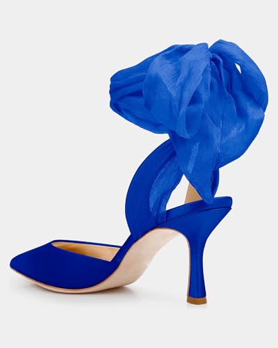 Image of Womens Lace up Satin Heels Bow Pointed Closed Toe Bridal Dress Shoes Low Heel Wedding Elegant Pumps