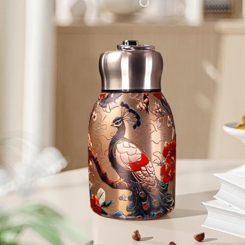 Image of Small Water Bottle 300ml, Mini Stainless Steel Drinking Bottle with Leak-Resistant Lid and Keyring, Compact Reusable Bottle for Office, School, College, Travel, Green Peacock