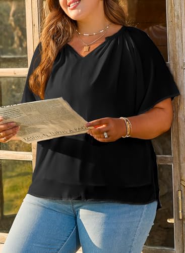 Eytino Womens Plus Size Tops Loose V Neck Bell Short Sleeve Casual Chiffon Blouses Pleated Flowy Shirts(1X-5X)3