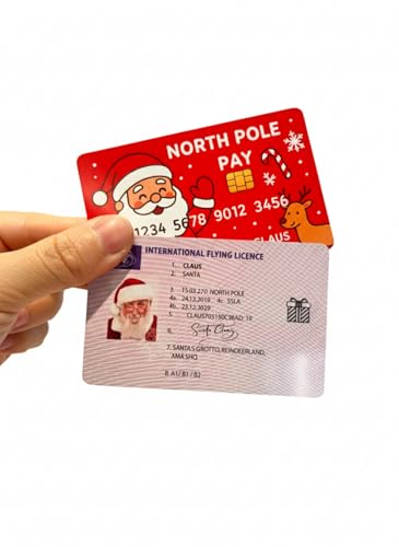 Santa’s flying driving license and north pole card— novelty christmas prop