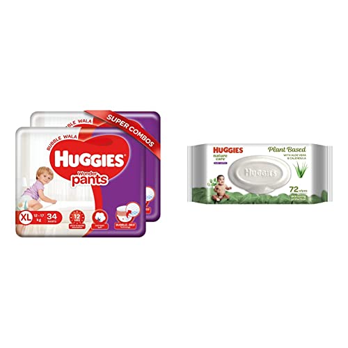 Huggies Wonder Pants, Extra Large (XL) Size Diapers (12-17 kg), Combo Pack of 2, 34 Counts Per Pack, 68 Counts & Huggies Baby Wipes - Cucumber & Aloe (72 Count)