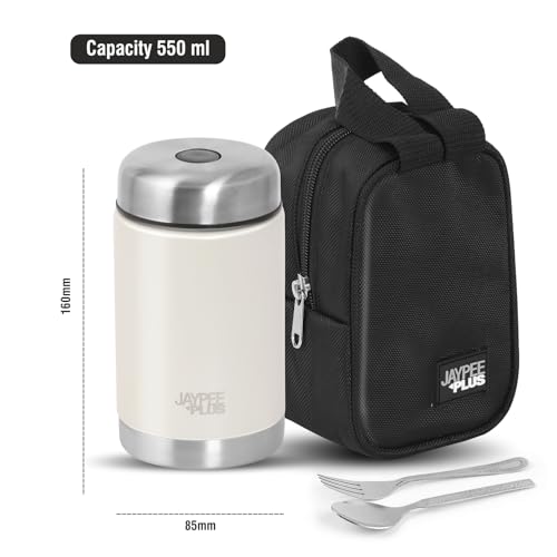 Image of Jaypee Plus Nutri Jar Stainless Steel Vacuum Insulated Food Jar With Bag & Spoon|Hot And Cold Thermal Flask|Double Walled Scratch Resistant Ideal for Office, School, Gym & Travelling | 550 ml, Ivory