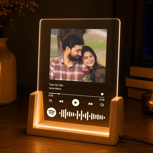 Image of Giftplease Custom Spotify Photo Frame with LED Light, Personalized Acrylic Music Plaque with Photo & Song QR Code, Wooden Base Night Lamp, Birthday, Anniversary, Valentine's | Husband, Wife, Mom, Dad