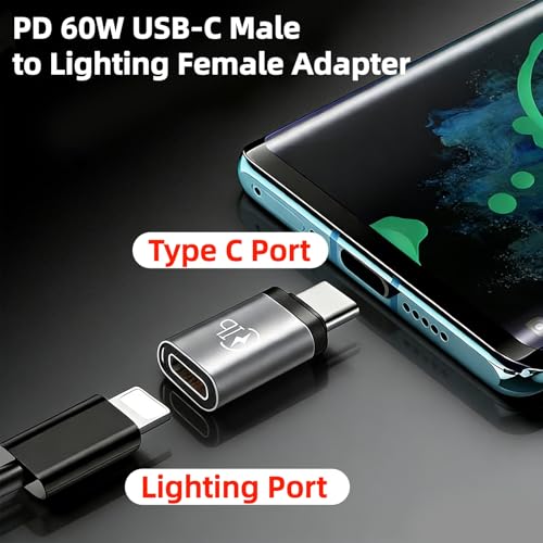 Image of Verilux PD 60W Lighting to Type C Converter, Aluminum Alloy Type C to Lighting Connector with Lanyard Hole, 480Mbps Data Transfer & Fast Charging Converter for iPhone 17 /16 /15, Laptop, Tablet