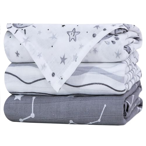 Image of Little Grape Land Muslin Swaddle Blankets 47''x47'' 3 Pack, 100% Cotton Large Size Baby Swaddles for Newborn, Soft Breathable Baby Blankets for Newborns, Stars/Grey