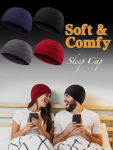 4 Pieces Skull Caps Soft Cotton Beanie Sleep Hats Stretchy Helmet Liner Multifunctional Headwear For Men Women (Gray, Wine Red, Navy Blue, Black,Solid Style) #TOP3