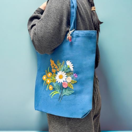Image of Speedura Embroidery Kit for Beginners - Dual Canvas Tote Bags with Floral Cross Stitch Patterns | Complete Needlepoint Set Includes Hoops, Threads & Step-by-Step Video Tutorial (Beige & Blue Set)
