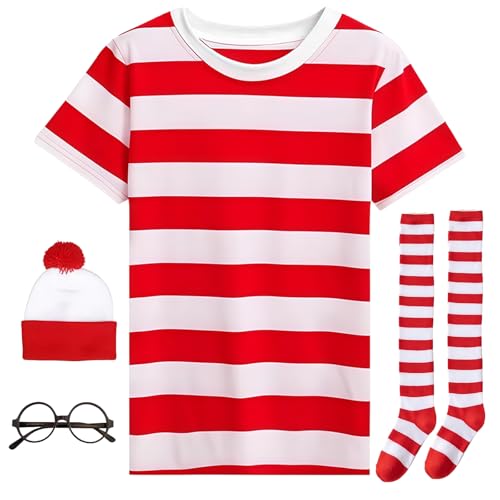 SSKHE Conjunto de disfraz de Wally para Halloween del Día Mundial del Libro, accesorio para juegos de rol, conjunto de disfraz de fiesta con camiseta roja y blanca, sombrero Bob, gafas sin marco