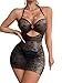 Foxiny Sexy Chain Sheer Mesh Ruched Bodycon Mini Lingerie Dress with Thong 2 Piece Set Outfits Women See Through Halter Night Gown Negligee Lace Black Medium