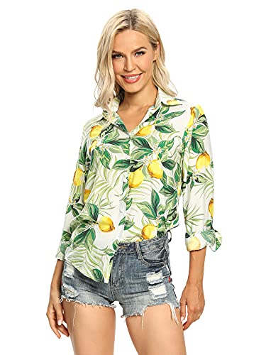 Aeslech Women's Button Down Hawaiian Shirt Lightweight Floral Print Aloha Party Tops