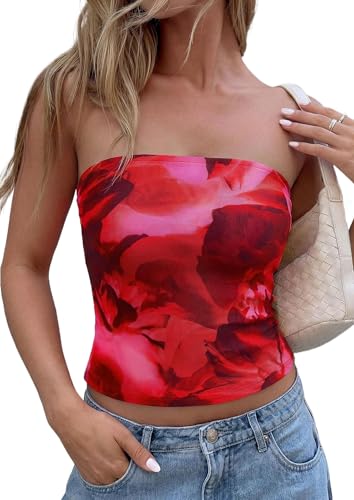 PRETTYGARDEN Women 2025 Summer Mesh Floral Pattern Y2K Bandeau Strapless Tube Top Cute Crop Top Trendy Outfit