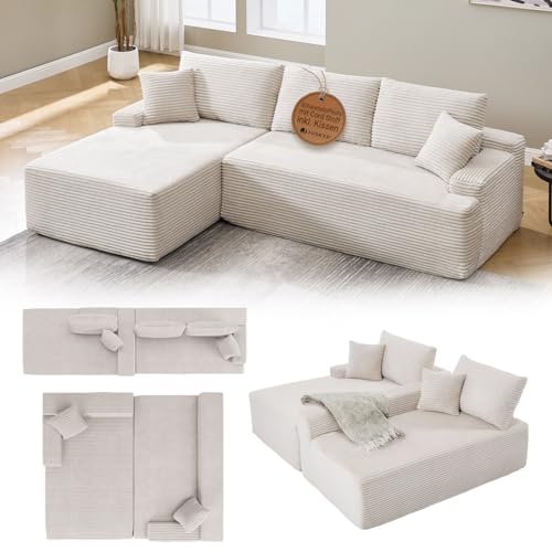 Juskys Sofa Coredo - modernes Cord Sofa mit Ottomane rechts, gemütliche Couch mit Schaumstoffpolsterung, Cordbezug & Kissen, modular - Beige