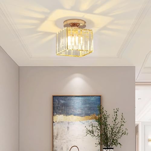 Sxtiger Luz de techo de cristal moderna, mini lámpara de techo de cristal dorado E27 Lámpara de araña de cristal con pantalla cuadrada, para pasillo Entrada Cocina Dormitorio Sala de estar Lámpara