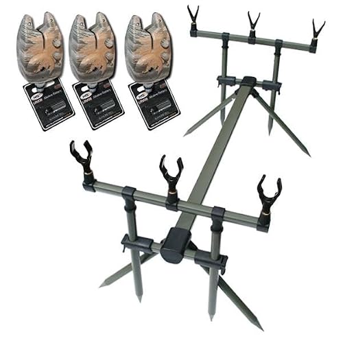 Specimen Goal Post Rod Pod & 3 Camo Bite Alarms + Batteries Tackle Carp Fishing
