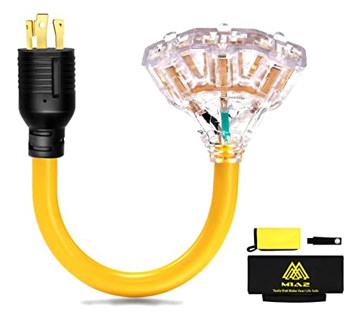30 Amp to 15/20 Amp Generator Adapter - Locking Cord Nema L5-30P Male to 3X 5-20R Female 1.5 FT Household Outlet Female