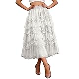Munweiyu Tüllröcke Für Damen Langer Tutu Rock A Linie Netz Tüll Röcke Elastische Taille Tüll Rock Vintage Mesh Maxirock Swing Midirock Abschlussball Petticoat Falten Rock Höhe Taille
