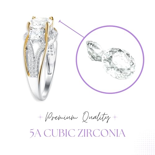 2Ct 925 Sterling Silver 3 Stone Cushion Cut CZ Ring Two tone Cubic Zirconia Engagement Ring for Women Size 5-102