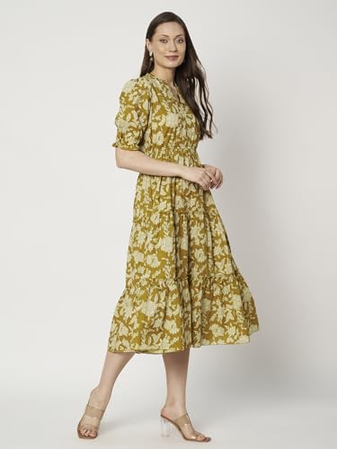 Image of PIDAVLIYA'S Women's Cotton Floral Printed Midi Dress | V-Neck Fit & Flare Dress with Puff Sleeves | Casual Summer Wear