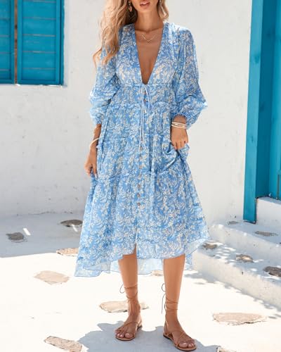 Image of Women's Boho Floral Midi Dress Long Sleeve V Neck Button Down Tie Dresses Summer Casual Loose Outfits Beach Cover Ups Blue