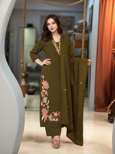 Image of ANNI DESIGNER Women's Embroidered Straight Kurta Set | Stylish Ethnic Wear for Office, Festive & Daily Use, Kurti Set for Woman, Women Kurta Sets with Dupatta Cotton