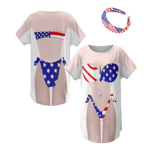 Women's Bikini Cover Up Shirt Dress with Headband Cute Bikini Print Dress Funny Swimsuit Beach Shirt Swimwear