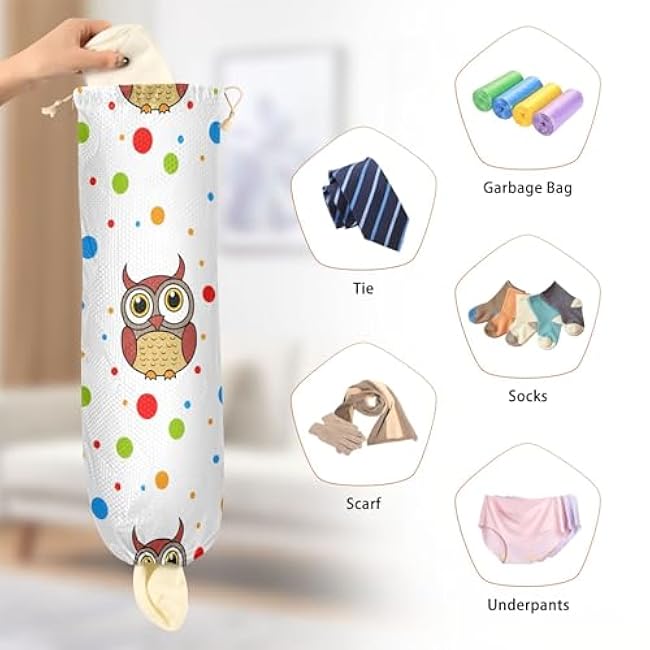 xigua Cute Owls Plastic Bag Holder Wall Mount with Drawstring 1 Pack, Reusable Grocery Bag Organizer Decor for Bags, Socks, Underwear, And Neckties
