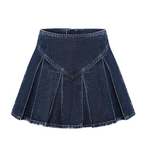 Women's Casual High Waisted Pleated Denim Skirt Frayed Mini A-Line Jean Skirt