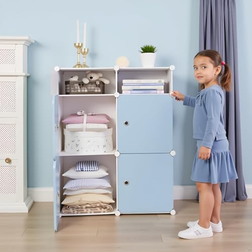 Image of Sunderlook Plastic Wardrobe for Kids Clothes - Collapsible Wardrobe, Easy to Use Anti-Skid & Non-Slip Effective Professional Foldable Plastic Cupboard for Kids, Home (Blue-HD2, 4 Door)
