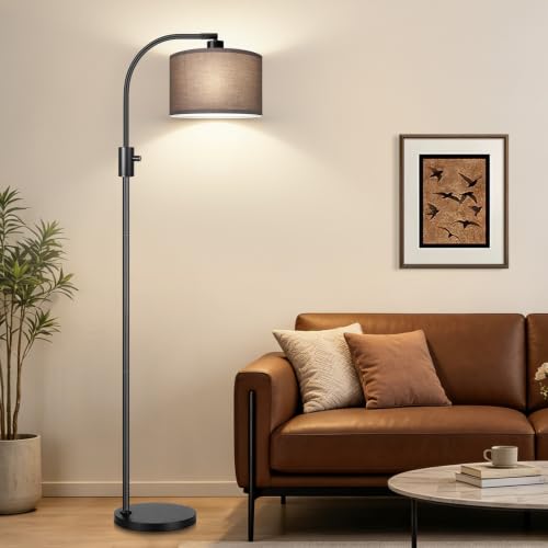 Image of Nintiue Dimmable Black Floor Lamp, 1200 Lumens LED Edison Bulb Included, Arc Gold Floor Lamps for Living Room Modern Standing Lamp with Khaki Shade