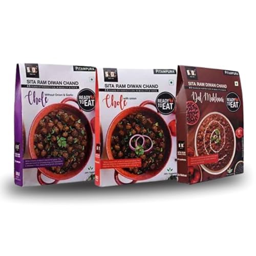 Sita Ram Diwan Chand Ready To Eat Pack Of 3, Dal Makhani, Chole Without Onion Garlic, Chole With Onion | No Preservatives | No Artificial Flavors | 100% Natural Ingredients & Vegetarian | Tasty Snacks