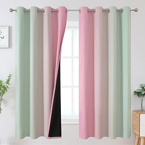 Estelar Textiler Ombre Sage Green and Pink Blackout Curtains 63 Inch Length 2 Panels for Playroom, Gradient Thermal Insulated Full Light Blocking Grommet Blackout Drapes for Kids Room, 52Wx63L