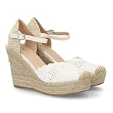 shoes&blues.es 100096 Alpargata de Mujer con Cuna de Esparto y Diseno Bordado Decorativo en la Punta, Cierre de Hebilla. Ideal para Mujer Temporada de Primavera Verano Blanco Talla 40