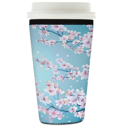 Myfsucce Funda de neopreno reutilizable para taza de café, con estampado de flores de cerezo japonés, 2 mm de grosor, tamaño de 32 onzas