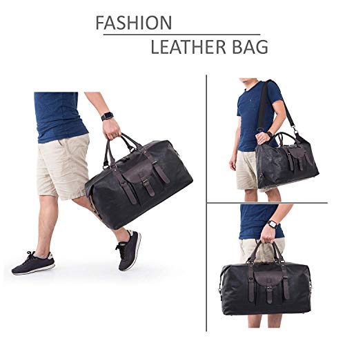 Oversized Leather Travel Duffel Bag, Weekender Overnight Bag Waterproof Leather Large Carry On Bag Travel Tote Duffel Bag for Men or Women-Black