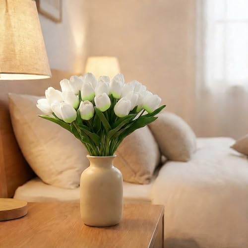 Image of 20Pcs Stems 13.5 Inch Light Green PU Artificial Moisturizing Tulips, Faux Tulips Flowers for Thanksgiving Christmas Decorations Wedding Home Table Vase Floral Arrangements
