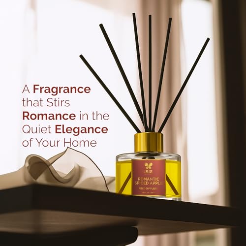 Image of IRIS Aroma Reed Diffuser - 100ml | Elegant Home Fragrance with 6 Fiber Reeds, Glass Round Bottle with Gold Cap | Aroma Diffuser for Cozy Decor & Gifting (Spiced Apple)