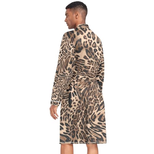OTVEE Mens Summer Kimono Robe Brown Leopard Prints Long Sleeve Pajamas Thin Bathrobes2