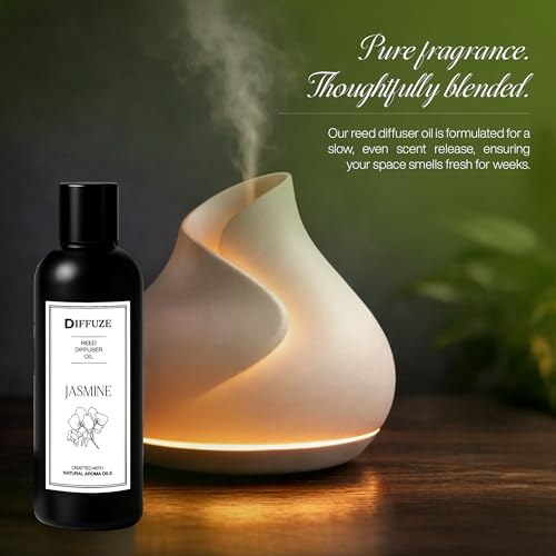 Image of DIFFUZE Jasmine Essential Oil Reed Diffuser Refill with 10 Fibre Reed Sticks | Floral Aroma Oil & Fragrance Oil | Diffuser Oil for Home Fragrance | Essential Oil Diffuser for Home