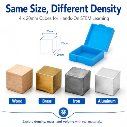 Image of Baluue STEM Density Cube Set 4-Pack 20mm Brass, Iron, Aluminum & Wood Blocks for Archimedes Principle & Specific Gravity Labs School & Classroom Science Kit