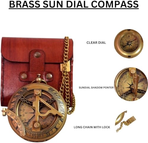 Brújula de bolsillo de latón con reloj de sol y estuche de cuero, herramienta náutica vintage para aventuras al aire libre y coleccionistas miniatura 2
