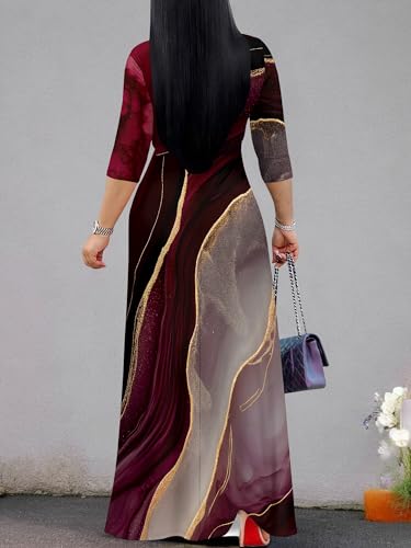 Image of Plus Size Dresses for Women Print Maxi Dresses 3 /4 Sleeve with Belt
