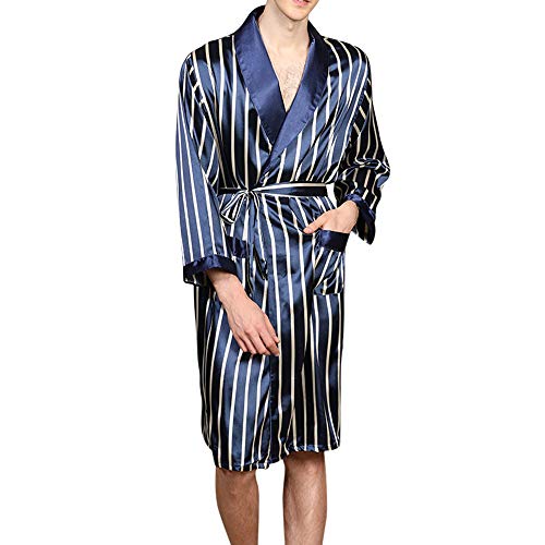 wenyujh Peignoir de Bain Homme Été Robe de Chambre et Kimono avec Poche Chemise Vêtement de Nuit en Satin Pyjama Rayure Mode Cover