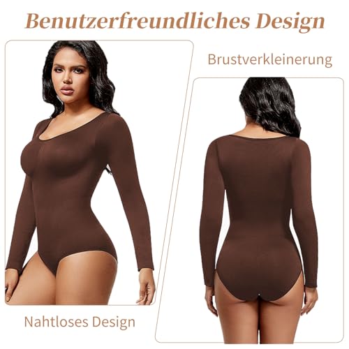Bafiwu Body Langarm Damen, Kaffeebraun Shapewear Damen, Sexy Bauchweg Bodysuit, Sculpting Shaping Stark Formend, Atmungsaktiven Materialien (Kaffeebraun, L)