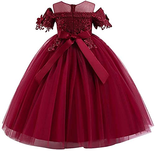 Flower Girls Applique Lace Wedding Tulle Dress Cold-Shoulder Short Sleeve Pageant Birthday Party Evening Ball Gown3