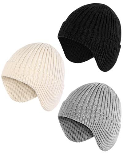 Loiyadn Winter Hats for Kids - Warm Kids Beanie, Toddler Beanie Hat with Ear Flaps, Toddler Girls Winter Hat for 3-8 Years Boys Girls, Black, White, Grey