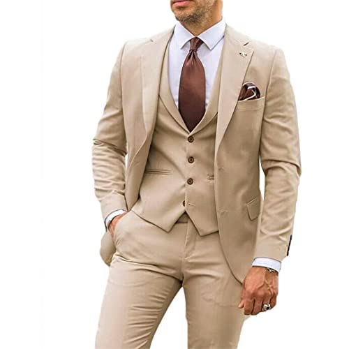 Men Beige Tan 3-Pieces Notch Lapel Prom Party Tuxedo Groomsman Wedding Suit Slim Fit Jacket Pants Vest2