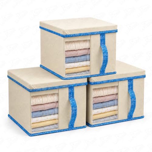 Image of Lukzer 3 PC Wardrobe Organizer for Clothes - 20 Litres Foldable Non-Woven Fabric Storage Box /Basket with Handles and Lid | Multipurpose Organizer for Almirah, Cupboard, Jeans & Sweaters - Beige /Blue