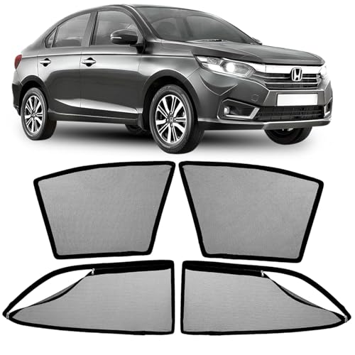 Image of AutoStory Magnetic Car Sunshade for Amaze 2018-2024 | Front Half Cut for Mirror Visibility + Rear Full Coverage with Zipper | Heavy Heat & UV Protection | Privacy Side Window Curtains Shades