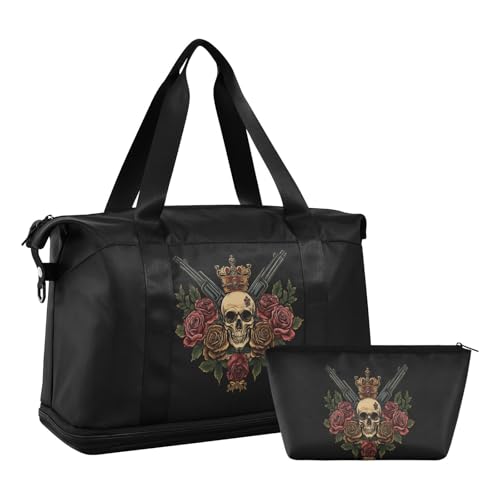 Crown Roses Skull Black Travel Duffel Bag for Women Men Gym Bag with Shoe Compartment Wet Pocket Carry On Weekender Overnight Bags for Airline Travel Gym2